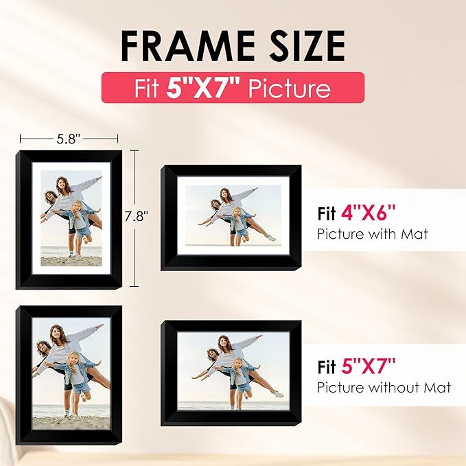 FIXSMITH 5x7 Picture Frame, Black Photo Frame with HD Plexiglass, Display Pictures 4x6 with Mat or 5x7 Without Mat Multi Picture Frames Collage for Tabletop or Wall Display, 1 Pack