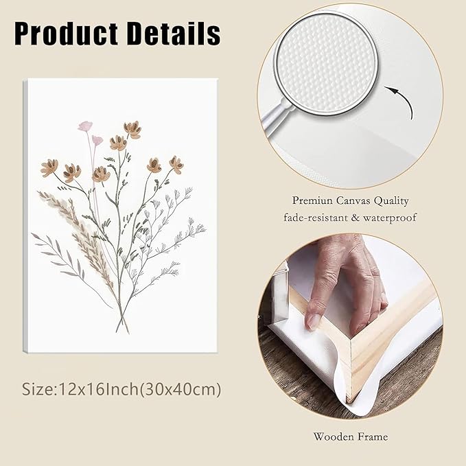 Bwodke Framed Wildflower Wall Art Butterfly Bee Botanical Floral Poster Canvas Prints Set of 3 Minimalist Nature Boho Pictures Vintage Farmhouse Decor Painting Bedroom Bathroom Living Room 12x16in