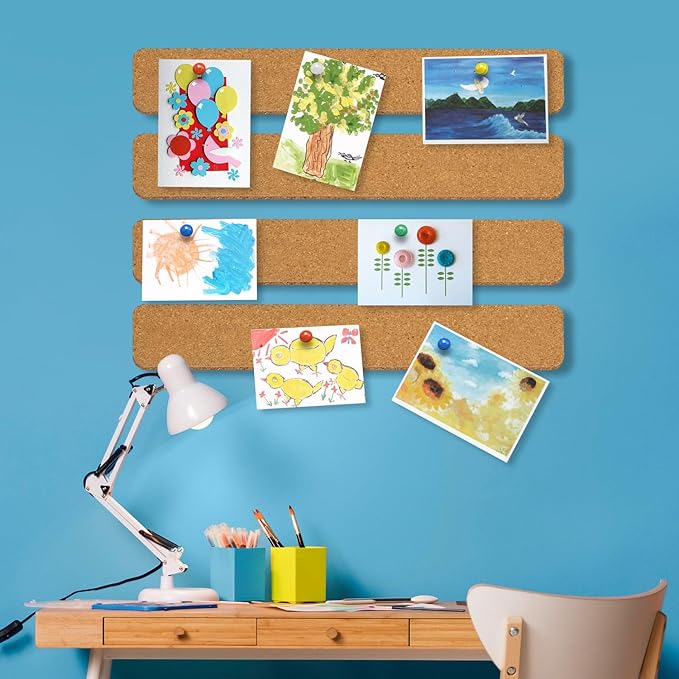 6 Pack Corkboard Strips for Walls, Self Adhesive Thick Cork Board Strips, Peel and Stick Cork Board with 50 Push Pins for Paste Notes, Photos, Schedules