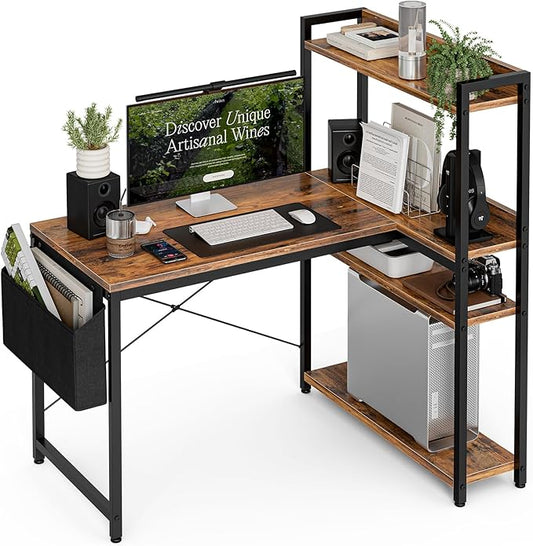 Grandder 47 Inch L Shaped Computer Desk with Reversible Storage Shelves, Home Office Corner Desk Study Writing Table with Hutch, Study, Rustic Brown
