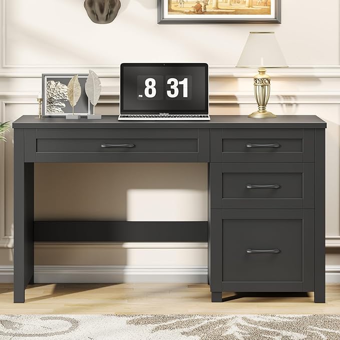 Vabches Farmhouse 47" Executive Desk, Computer Desk with File Drawer and Charging Station, Workstation for Home Office, Study,(Pure Black).