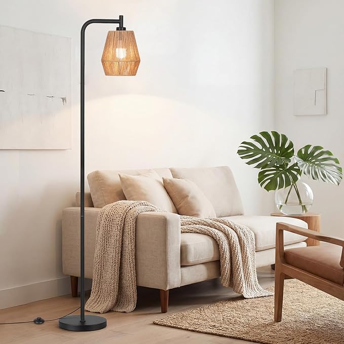 Rattan Floor Lamps for Living Room,Boho Floor Lamp with 3 Color Temperatures,Farmhouse Standing lamp with Hand-Worked Wicker shade,Black tall light for Bedroom,Office,Corner(9W LED Bulb Included)