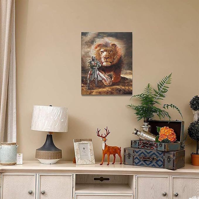 yerretin Christian Lion Of Judah Wall Art Lion Warrior Pictures Wall Decor Religious Knight Canvas Painting Home Decorations Artwork for Bathroom Bedroom Living Room Office Framed 16"x20"