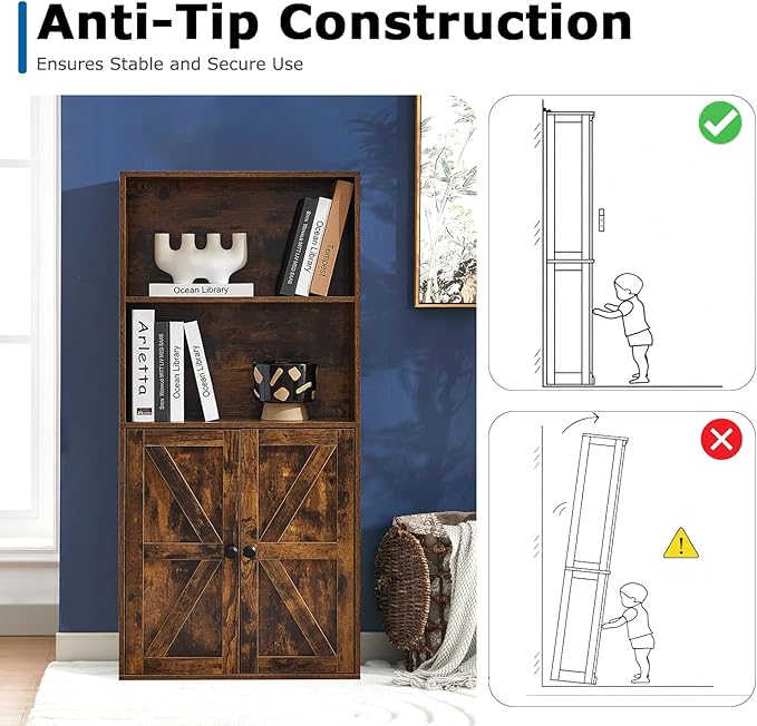 Bookshelves and Bookcases with Barn Doors Set of 2, Farmhouse Bookshelf with Display Shelves, Floor Standing 4-Tier Book Shelf with Storage Cabinet for Home Office, Living Room, Bedroom