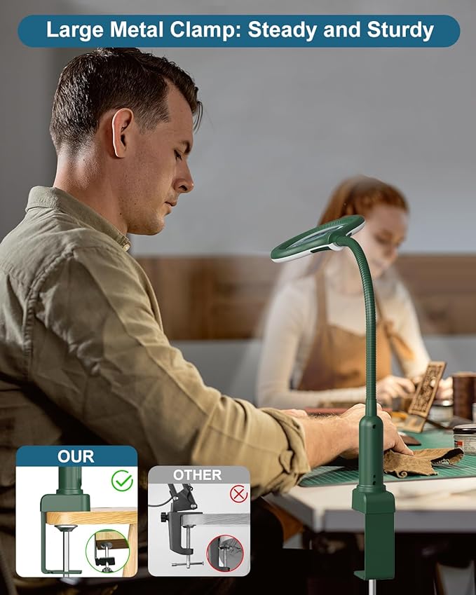 10X Magnifying Glass with Light and Stand, LED 5 Color Modes, Brightness Stepless Dimming Lighted Magnifier Hands Free, Flexible Gooseneck Desk Lamp with Clamp for Close Works, Crafts, Hobby - Green