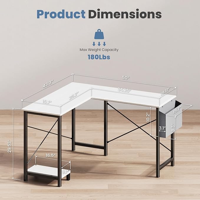 DUMOS L Shaped Desk Computer Gaming Corner Table 50 Inch Home Office Writing Student Work PC Workstation with Side Storage Bag CPU Stand for Bedroom Small Spaces