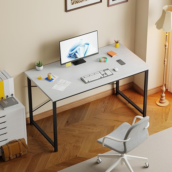 NEWBULIG 47.2” Computer Desk, White Office Writing Desks Compact Study Table Student Bedroom Home Work PC Workstations with Metal Frame Wood Tabletop Small Spaces