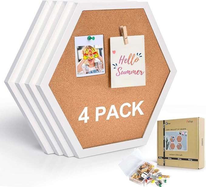 AkTop Cork Bulletin Board Hexagon 4 Pack, Small Framed Corkboard Tiles for Wall, Thick Decorative Display Boards for Home Office Decor, School Message Board with 16 Push Pin Wood Clips, White