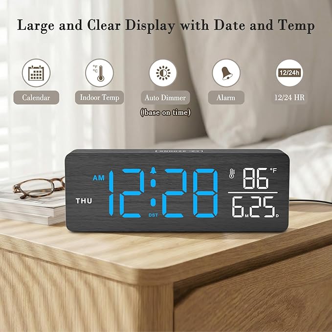 DreamSky Wooden Digital Alarm Clocks for Bedrooms – Large Display Desk Clock with Date & Day of Week for Living Room, Temperature, Dimmer, Adjustable Volume, Auto DST, Office Wood Décor (Plug-in)
