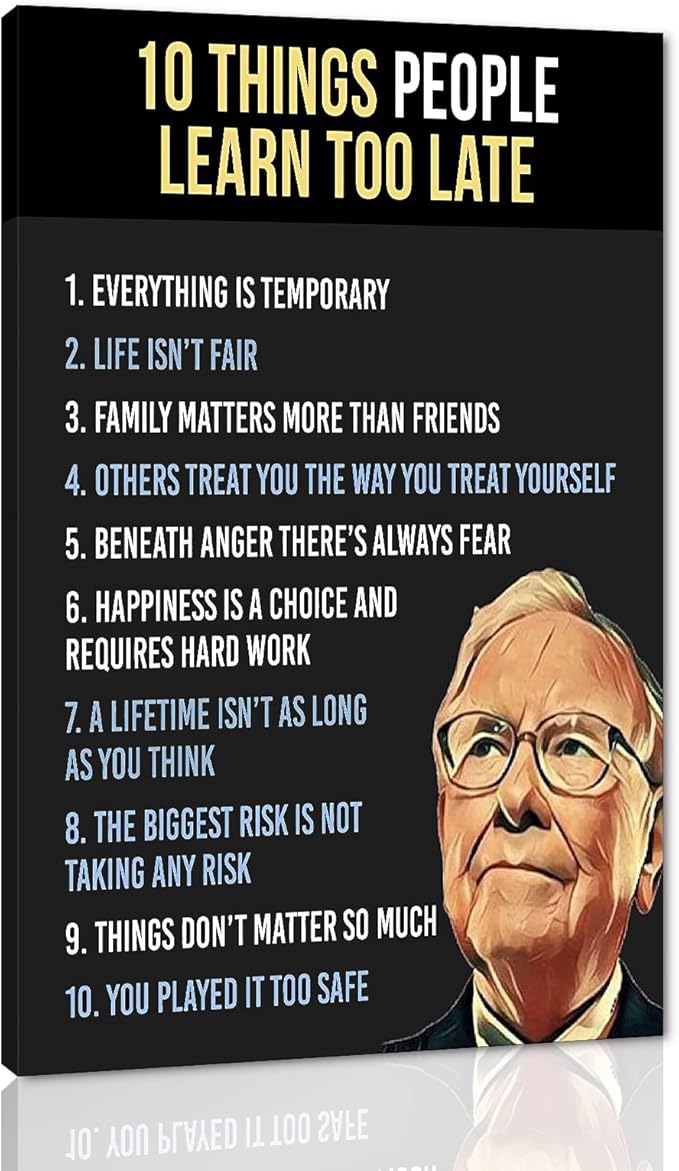 Warren Buffett Quotes Ten Things People Learn Too Late Motivational Office Wall Art Poster and Print Inspirational Home Wall Decoration Pictures Framed 28" Wx44 H