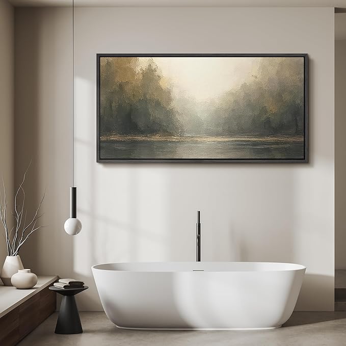 SIGNFORD Extra Large Framed Canvas Foggy Forest River Morning Illustrations Modern Art Calm Warm for Living Room, Bedroom, Office - 60"x30"