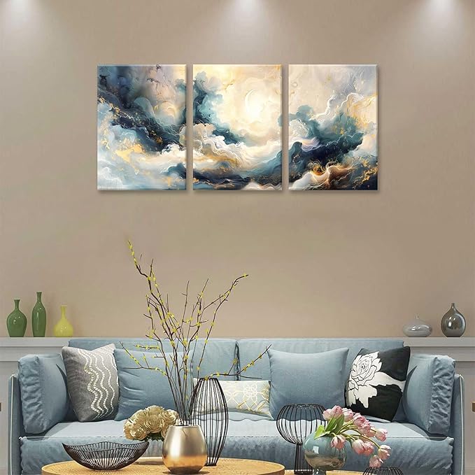 LYPHNX Framed Blue Abstract Fantasy Canvas Wall Art Minimalism Ink Painting Poster Set of 3 Modern ArtWork Navy Blue Gold Marble Prints Pictuer Wall Decor for Living room Bedroom Office Hotel 16"x24"