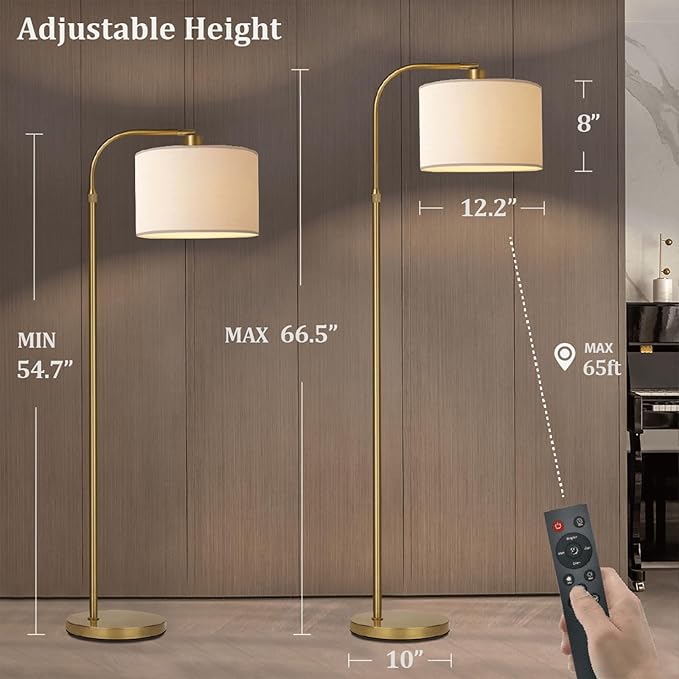 Gold Floor Lamp with Remote Control, 1200 Lumens Adjustable Height Dimmable Arc Floor Lamp for Living Room, Modern Gold Standing Lamp for Bedroom, Office, LED Smart Bulb Included