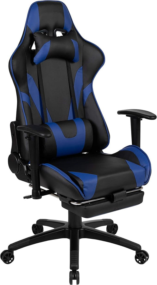 Flash Furniture X30 Gaming Chair Racing Office Ergonomic Computer Chair with Fully Reclining Back and Slide-Out Footrest in Blue LeatherSoft