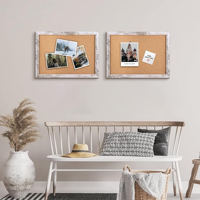 Cork Board Bulletin Board, Decorative Hanging Framed Cork Boards for Walls, Pin Board Vision Board for School Home Kitchen and Office, Bulletin Board with White Wood Frame (4333,WH,2pc)