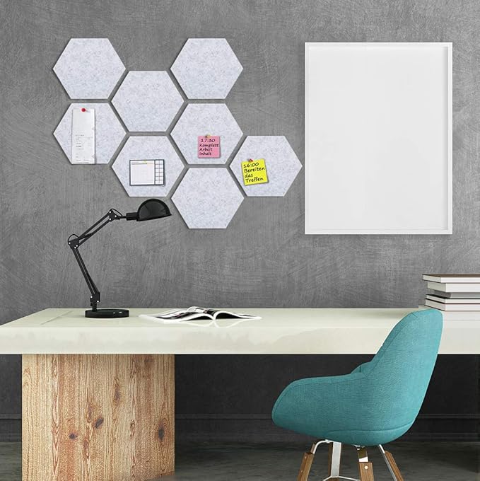 Felt Hexagon Bulletin Board with 20 Push Pins, Pack of 8 Notice Boards for Home Office Kitchen, Push Pin Board Felt Wall Tiles for Photos Memos