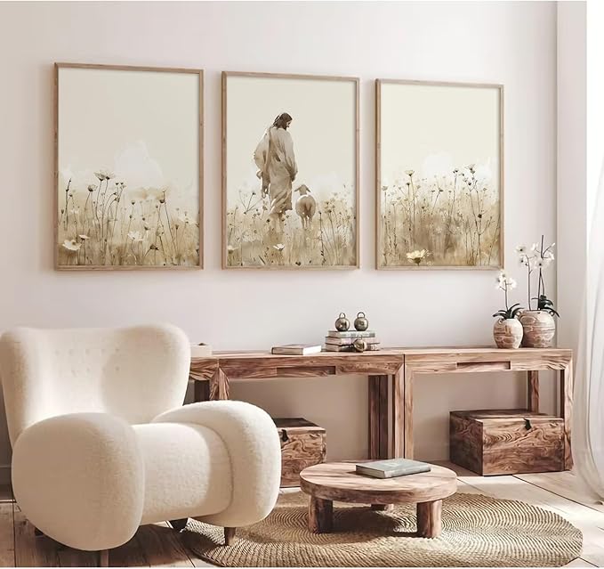 Jesus Leaves the 99 Sheep Wall Art Christian Canvas Poster Jesus and Lamb Wall Decor Religious Pictures Lost Sheep Painting God Christ Painting Artwork for Bedroom Living Room 16x24x3 Inch Unframed