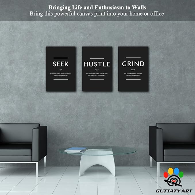 Office Wall Art - 3 Panel Motivational Wall Art, Inspirational Quotes Canvas Art for Home Office Wall Decor, Positive Quotes Wall Decor, Entrepreneur Grind Hustle Execution Poster Frame (16”x24”x3Pcs)