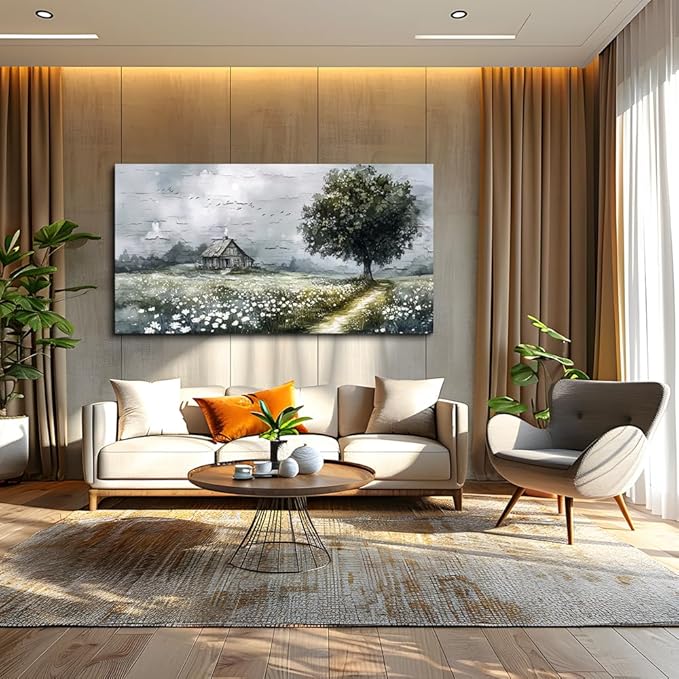 ERQINHUA Gray Large Canvas Wall Art For Living Room Farmhouse Wall Decor For Bedroom Office Mural Field scenery Paintings Tree Landscape Printed Artwork Wall Pictures Home Decorations art 24"X48"