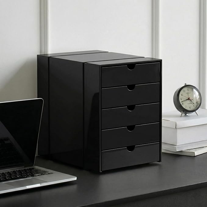 Modern Steel 5-Drawer File Cabinet For Desk, Document Storage Box, Office Desktop Filing Organizer, Drawer Organizer, desk caddy (Black)