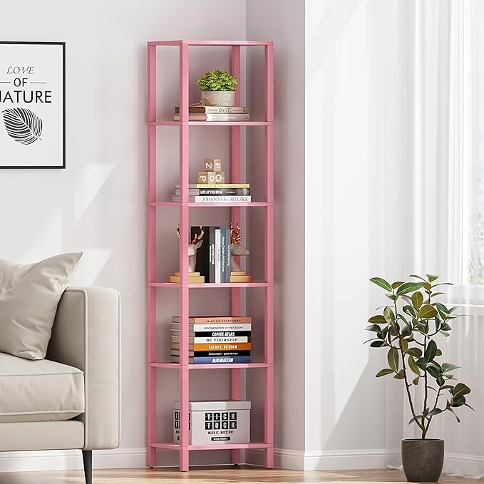 TUTOTAK Bookshelf, 6-Tier Tall Book Shelf, Narrow Bookcase for Small Space, DIY Stackable Bookshelf, for Living Room, Office, Study, Entryway, Industrial, Pink BS01BP006
