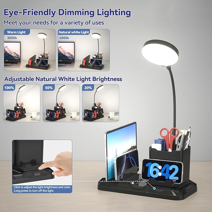 KDD Desk Lamp with USB A&C Charger Ports - Reading Desktop Light with Pen & Phone Holder - Adjustable Brightness Lights with Device Slots - 360°Gooseneck Table Lamp for Home Office College Dorm Room