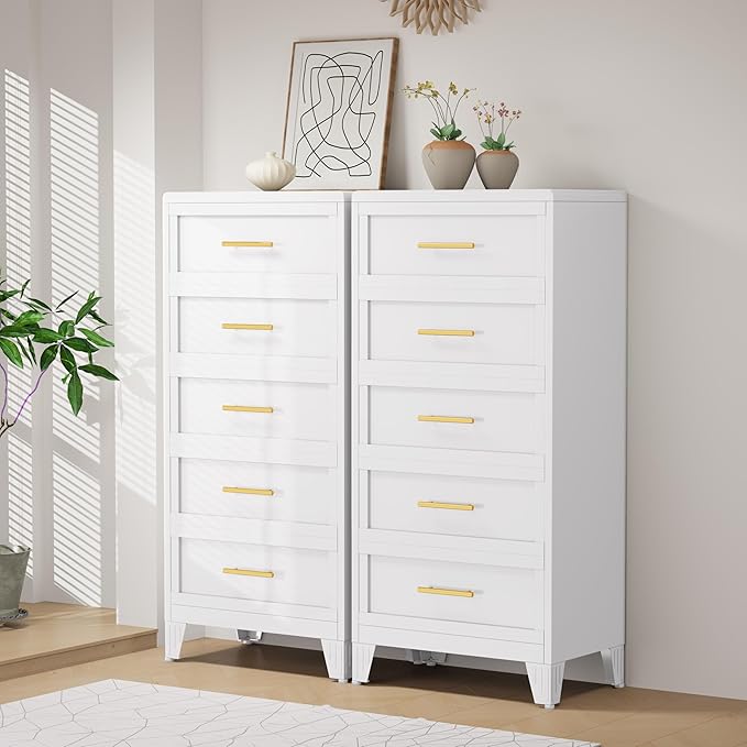 53.46" Tall Dresser for Bedroom 5 Drawers, Metal Dresser Chest of Drawers, Circular Drawer Cabinet for Home,Filing Cabinet with Drawers for Office (White)