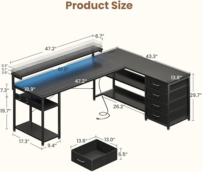 AODK 61" L Shaped Desk with Drawer, Computer Desk with Power Outlets & LED Lights, Reversible Corner Gaming Desk for Home Office Workstation, Office Desk with Monitor Shelf, Pure Black