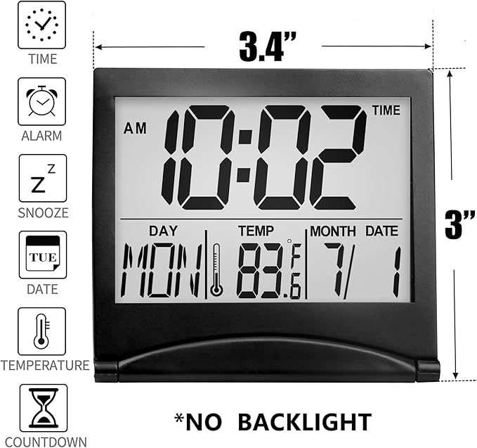 Betus Digital Travel Alarm Clock – Foldable Calendar, Temperature & Timer with Snooze – Large Number Display, Battery Operated – Compact Desk Clock for Home & Office (Black)