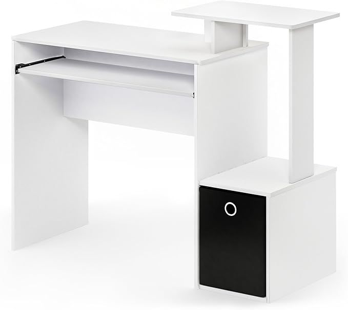 Furinno ECON Desk, 40" Wide Gaming Desk with Keyboard Tray, Computer Desk, Office Desk with Side Shelves and Storage Bin for Home Office, Plain White