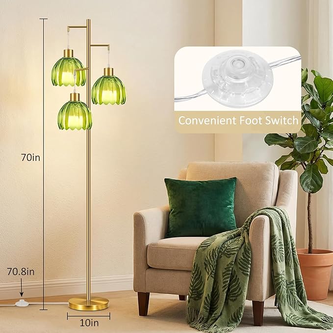Gold Floor Lamp for Living Room,Bedroom, 3 Light Standing Lamp Mid Century Modern Brass Tree Green Glass Flower Lamp Shade Tall Floor Lamps Vintage Retro Floor Lights Farmhouse Boho Bohemian