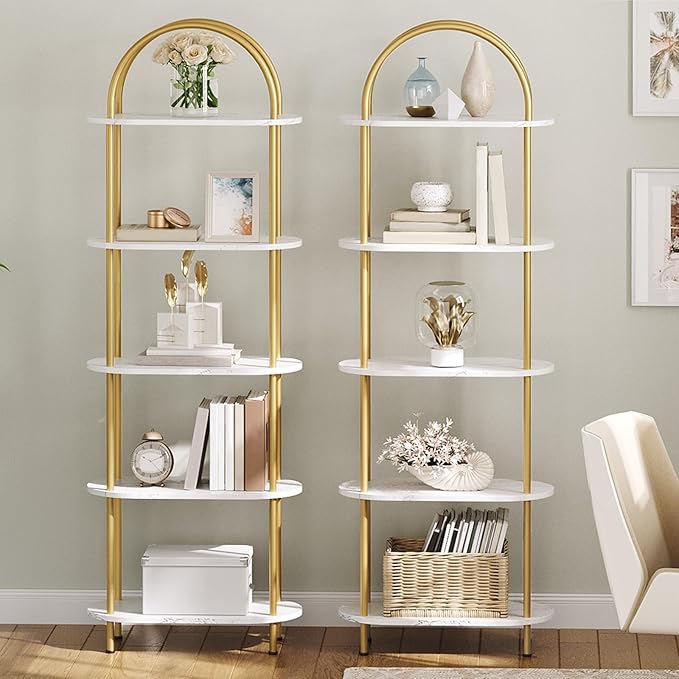 HOOBRO 5 Tier Open Bookshelf, Industrial Arched Bookcase Display Shelf Rack, Wooden Bookcase Storage Shelf Metal Frame, Tall Storage Organizer for Home, Easy Assembly, Gold DM176SJ01