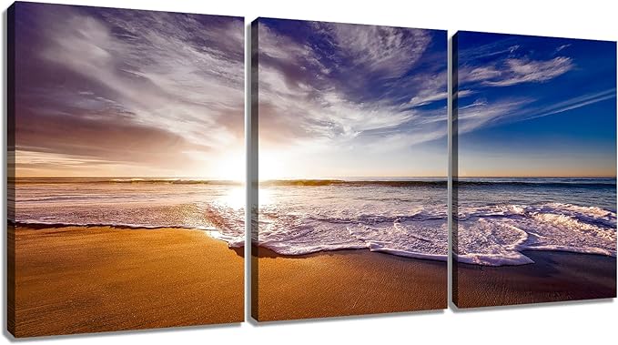 Nature Landscape Canvas Wall Art Beach Gold Sunset HD Picture Print Ocean Theme 3 Pieces Posters Painting Wall Decor Artwork for Modern Home Bedroom Bathroom Kitchen Ready to Hang [36''W x 16''H]
