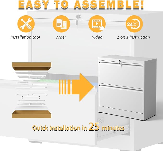 2 Drawer Lateral File Cabinet with Lock, Metal Lateral Filing Cabinets for Home Office, File Cabinet, File Storage Cabinet for Legal/Letter/A4 Documents, Assembly Required, White, 26'W