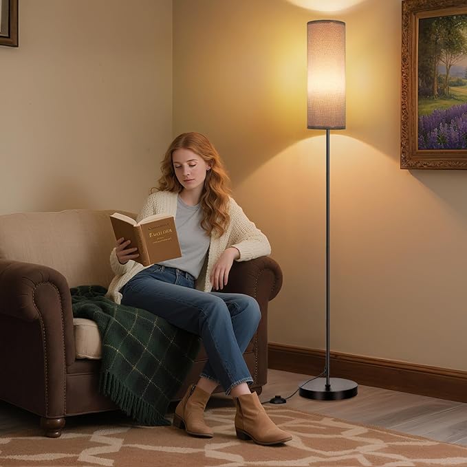 FRIDEKO HOME Grey Shade Floor Lamp, Simple Design with Foot Pedal Switch, Small Tall Lamps for Living Room Bedroom Office, Corner Floor Stand Light with Black Pole Lamp (No Bulb/No Remote)