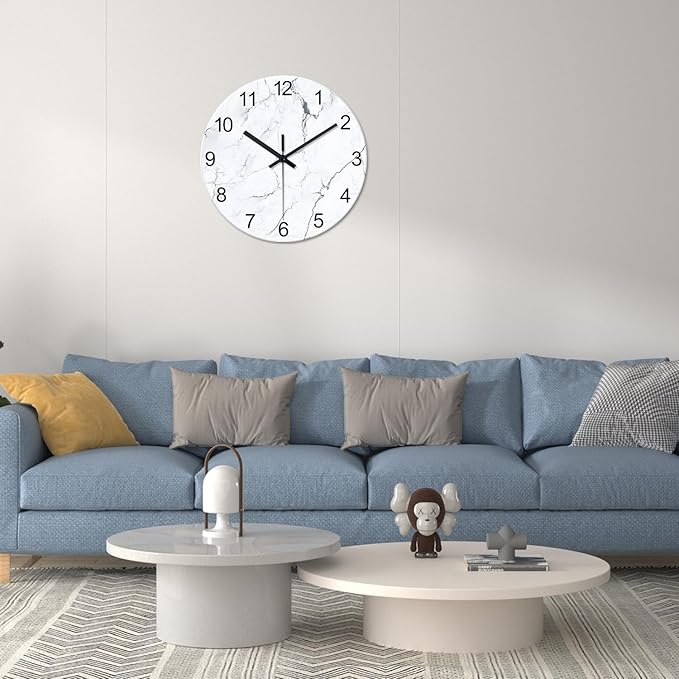 Modern White Marble Glass Wall Clocks Battery Operated 14 Inch Abstract Decorative Wall Clocks Round Minimalist Silent Wall Clock for Living Room