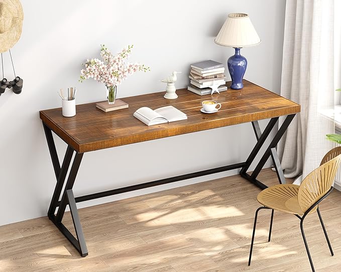 Real Wood Computer Desk, Modern Natural Wood Home Office Desk, Rustic Solid Wood Work Study Writing Desk, Farmhouse Workstation PC Gaming Executive Table for Bedroom, Brown, 47 inch
