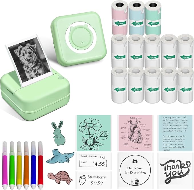 Aptika Mini Printer - Portable Sticker Maker with 14 Rolls Self-Adhesive Thermal Papers, Inkless Label Maker Machine for Study Anatomy Graphics Photos Address, Green