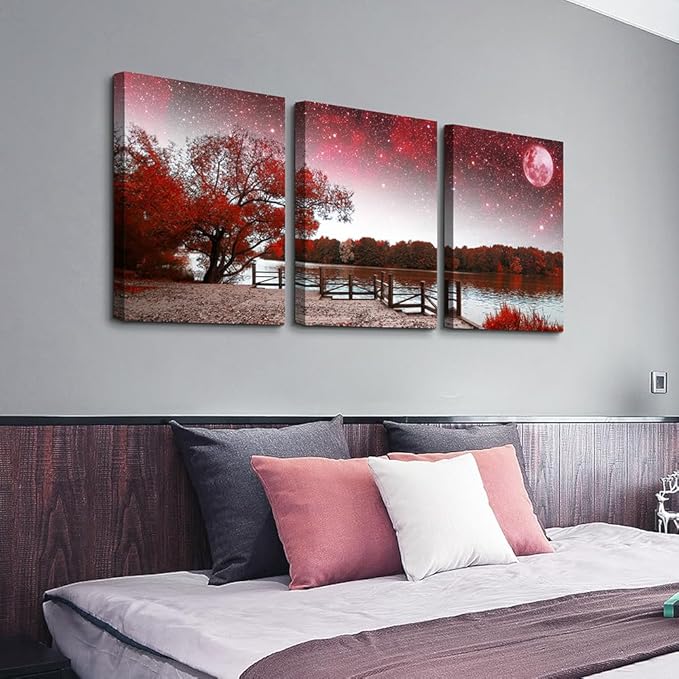 DZRWUBHS Red Tree Landscape Wall Paintings Large Canvas Wall Art For Living Room Modern Wall Decoration For Office Bedroom Decor Inspiration Abstract Pictures Prints Artwork Room Home Decor 3 Piece