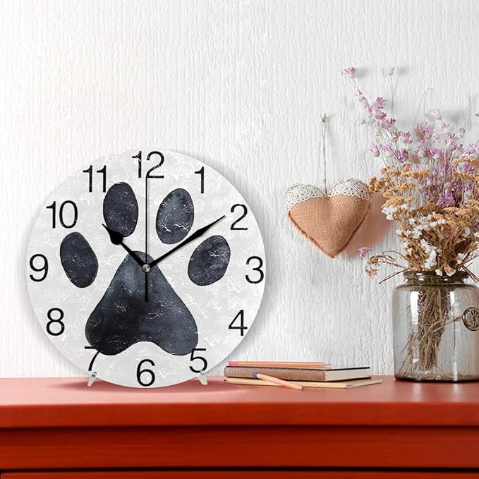 senya Black Dog Paw Print Design Round Wall Clock, Silent Non Ticking Oil Painting Decorative for Home Office School Clock Art