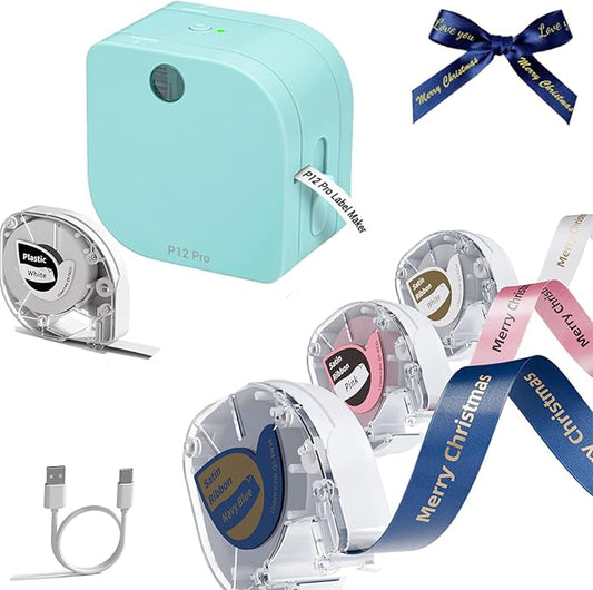 Phomemo P12 PRO Label Maker Machine with 4 Ribbon Lable Tape, Rechargeable Label Makers Ribbon Printer Machine or Home, Office, Organizing, Kitchen
