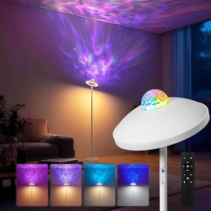 RGB Floor Lamp with Star Projector & Remote Control, Dimmable LED Standing Tall Lamp 15W, Stepless Adjustable 3000-6000K Color, 69" Modern White Corner Torchiere Light for Bedroom, Living Room