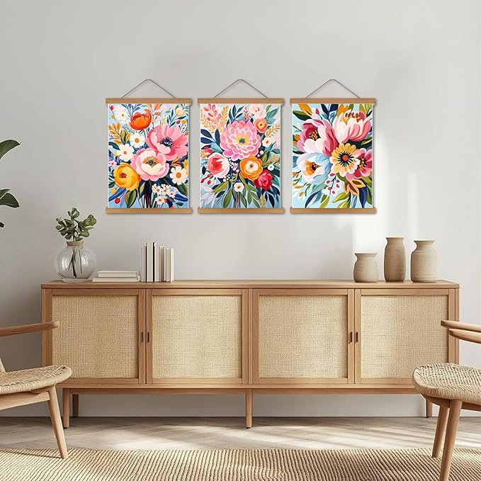 Colorful Flowers Posters Wall Art Set of 3 with Hanging Wooden Frame,Preppy Minimalist Canvas Wall Decor Prints,Vintage Beautiful Wildflower Artwork for Living Room Bedroom Bathroom Home Decor 12x16In