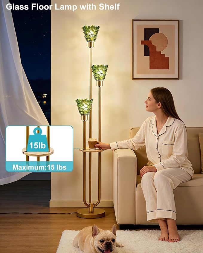 3-Light Modern Glass Floor Lamp with Shelf, Gold Tall Standing Lamp with Green Flower Glass Shade, LED Floor Lamp with Foot Switch for Living Room Bedroom Home Decor, Bulb Included