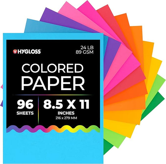 Hygloss Assorted Bright Colored Paper - 24 lb, 89 GSM, Acid-Free, Fade-Resistant, 8.5x11-Inch Letter Size Color Copy Paper, 96 Sheets, 12 Colors