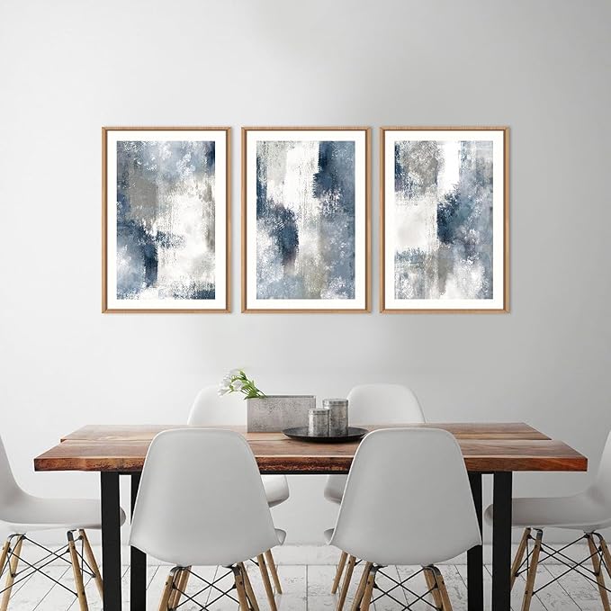 HOURIA Abstract Navy Blue Gray Framed Canvas Wall Art Set,Neutral White Brush Stroke Wall Decor,Minimalist Color Block Shapes Artwork,Modern Pastel Prints for Living Room,Bedroom,Farmhouse- 24"x36"x3