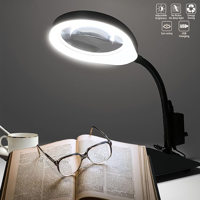 10X Magnifying Glass with Light and Stand,Dimmable Flexible Magnifying Craft Ligh, LED Lighted Magnifier Hands Free for Close Work Craft Reading Painting Hobby (Black-04)