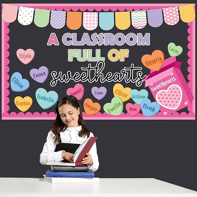 Valentine's Day Bulletin Board Set Happy Valentine's Day Classroom Decorations A Classroom Full of Sweethearts Paper Cutouts Candy Heart Name Tags for School Home Office Chalkboard Wall Door Decor