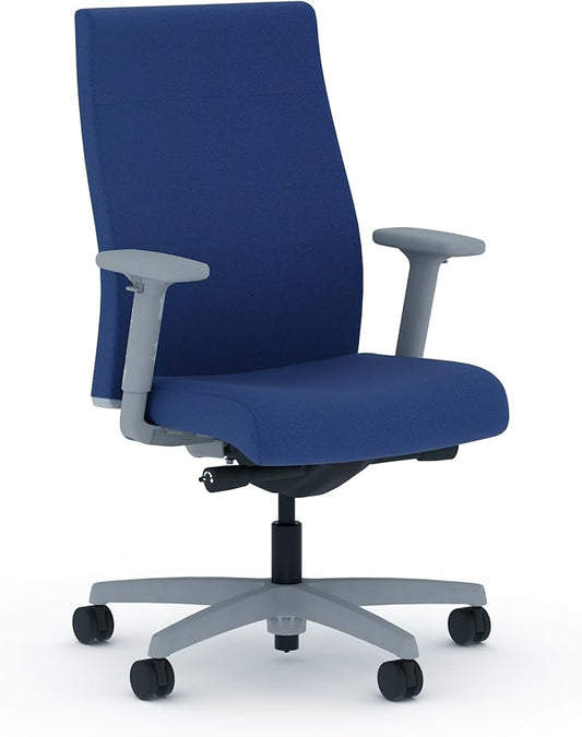 HON Ignition 2.0 Fabric Office Chair, Upholstered, Adjustable Arms, Advanced Synchro-Tilt Recline Executive Ergonomic Office Chair, Titanium Frame, Indigo