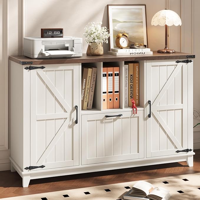 Lateral File Cabinet with Drawer, Farmhouse File Cabinet for Letter/a4/Legal Size Hanging Files, Large Wood File Storage Cabinets Printer Stand for Home Office Cabinets, Rustic White